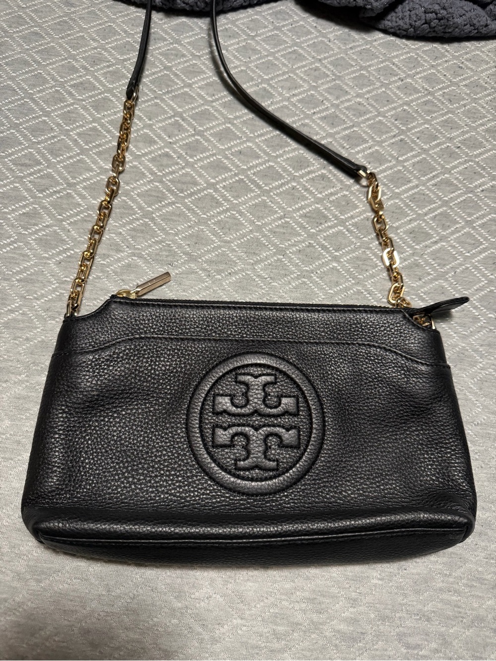 Tory Burch Black Pebbled Leather Crossbody with Gold Chain Strap